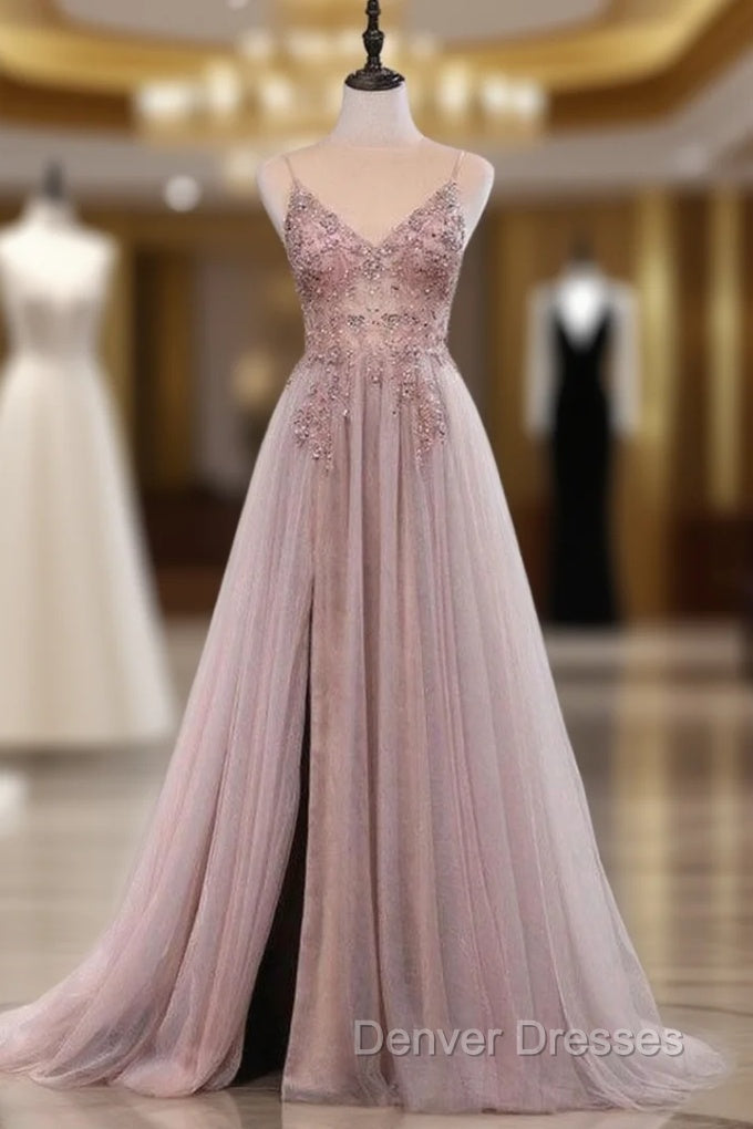Dusty Pink Spaghetti Straps Gorgeous Beading Prom Dress A Line Split Tulle Evening Dress Main image