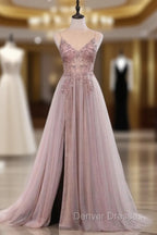 Dusty Pink Spaghetti Straps Gorgeous Beading Prom Dress A Line Split Tulle Evening Dress