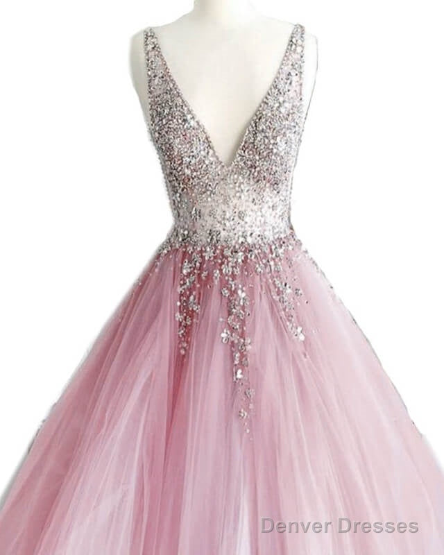 Dusty Pink Tulle Ball Gown Prom Dresses Beaded V-Neck Secondary image