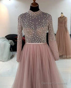 Dusty Pink Tulle Prom Dresses Beaded Long Sleeve