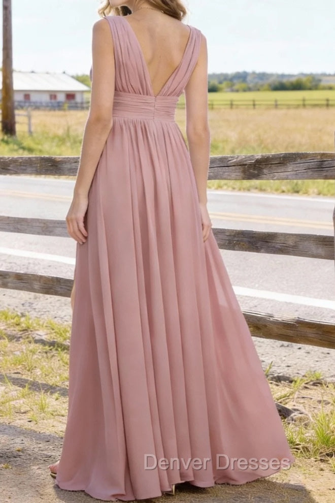 Dusty Pink V Neck Chiffon Floor Length Bridesmaid Dresses Long Bridesmaid Dress With Pleated Split Secondary image