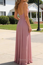 Dusty Rose A Line Chiffon Long Prom Dresses Deep V Neck Bridesmaid Dress