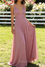 Dusty Rose A Line Chiffon Long Prom Dresses Deep V Neck Bridesmaid Dress
