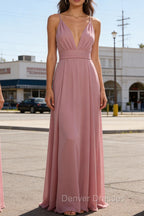 Dusty Rose A Line Chiffon Prom Dresses Deep V Neck Bridesmaid Dress Long