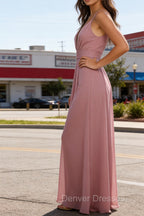 Dusty Rose A Line Chiffon Prom Dresses Deep V Neck Bridesmaid Dress Long