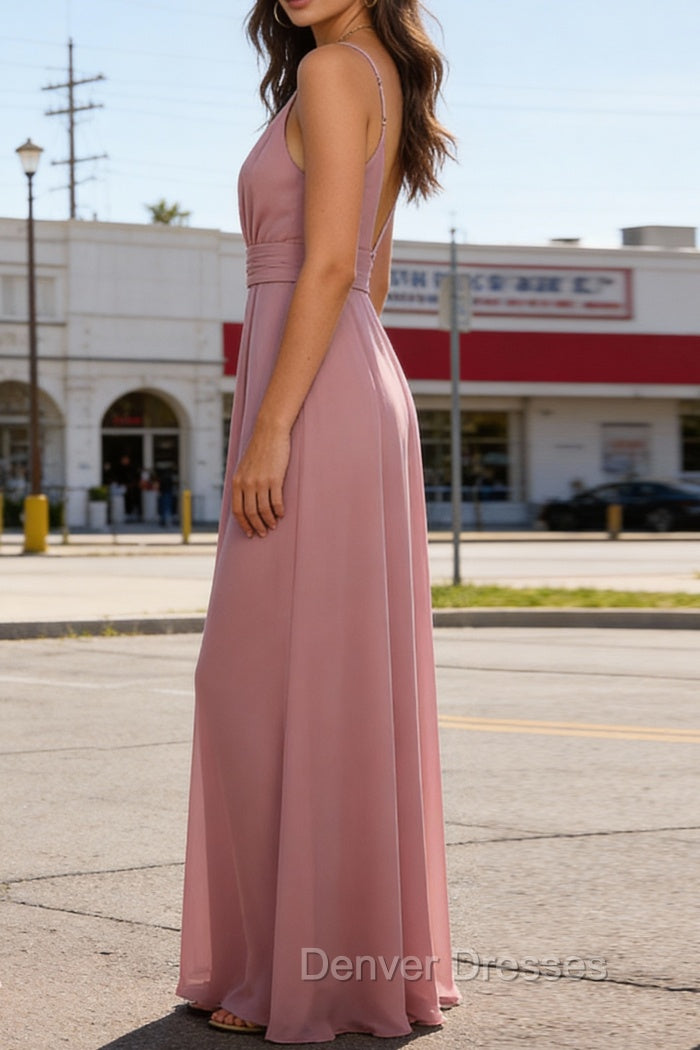 Dusty Rose A Line Chiffon Prom Dresses Deep V Neck Bridesmaid Dress Long