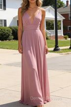 Dusty Rose A Line Chiffon Prom Dresses Deep V Neck Bridesmaid Dress Long