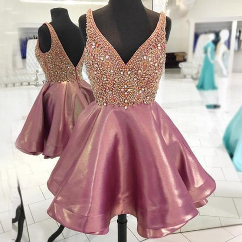Dusty Rose Stunning Rhinestone Sparkly Beaded Top Homecoming Dresses