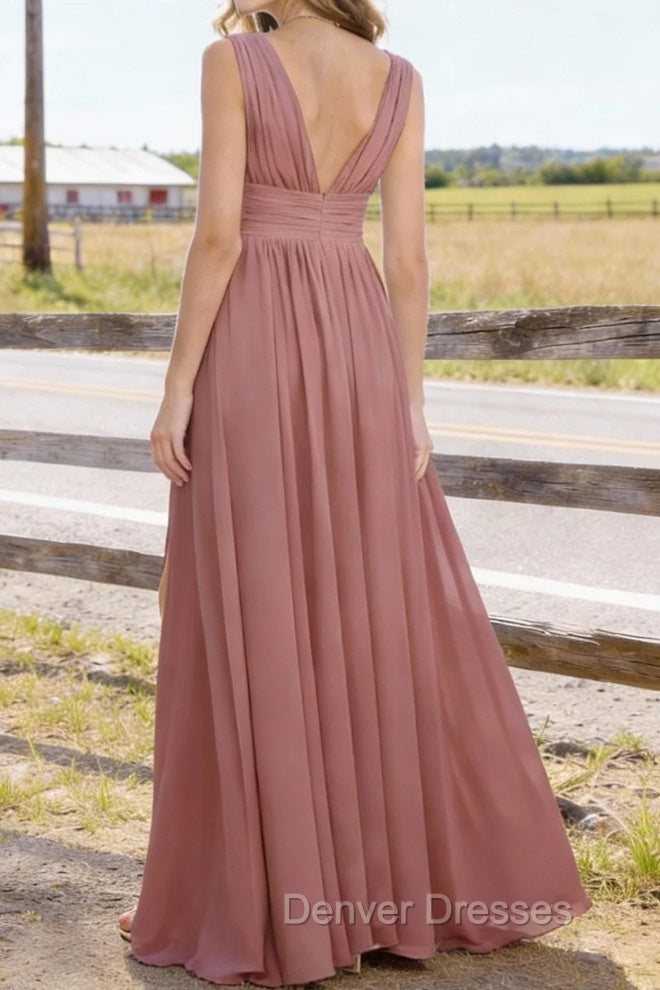 Dusty Rose V Neck Chiffon Floor Length Bridesmaid Dresses Long Bridesmaid Dress With Pleated Split Secondary image
