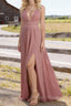 Dusty Rose V Neck Chiffon Floor Length Bridesmaid Dresses Long Bridesmaid Dress With Pleated Split