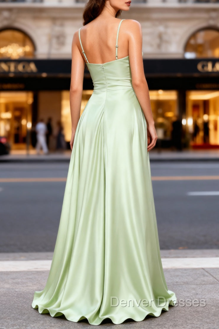 Dusty Sage A Line Cowl Neck Satin Long Prom Dress with Pleated Secondary image