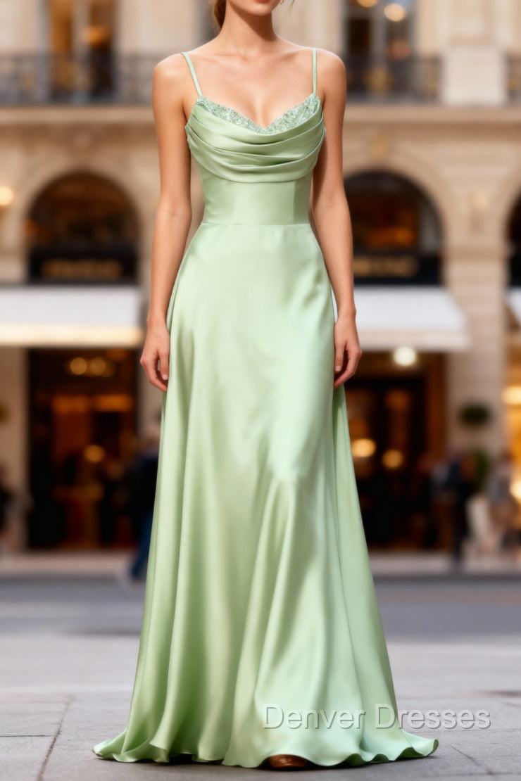 Dusty Sage A Line Cowl Neck Satin Long Prom Dress with Pleated