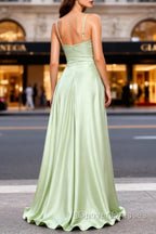 Dusty Sage A Line Cowl Neck Satin Long Prom Dress with Pleated