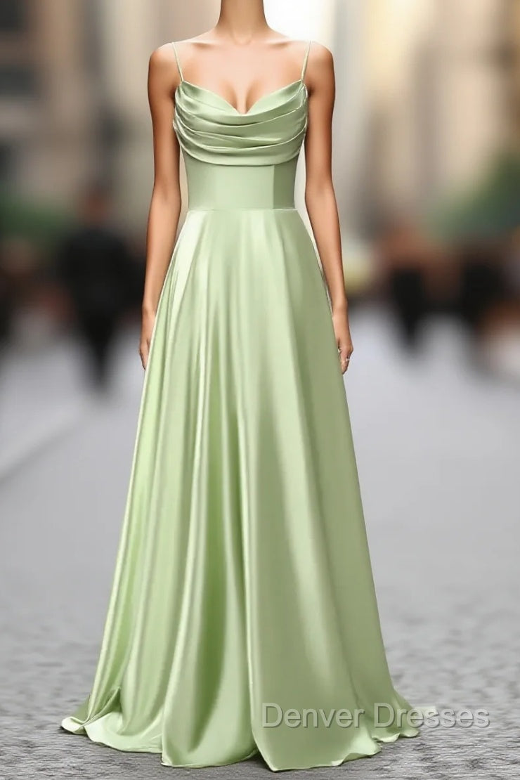 Dusty Sage A Line Cowl Neck Satin Long Prom Dress with Pleated Main image