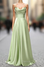 Dusty Sage A Line Cowl Neck Satin Long Prom Dress with Pleated