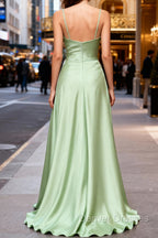 Dusty Sage Classy Satin Long Prom Dress with Pleated