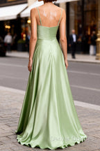 Dusty Sage Classy Satin Long Prom Dress with Pleated