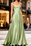 Dusty Sage Cute Satin Long Prom Dress with Pleated