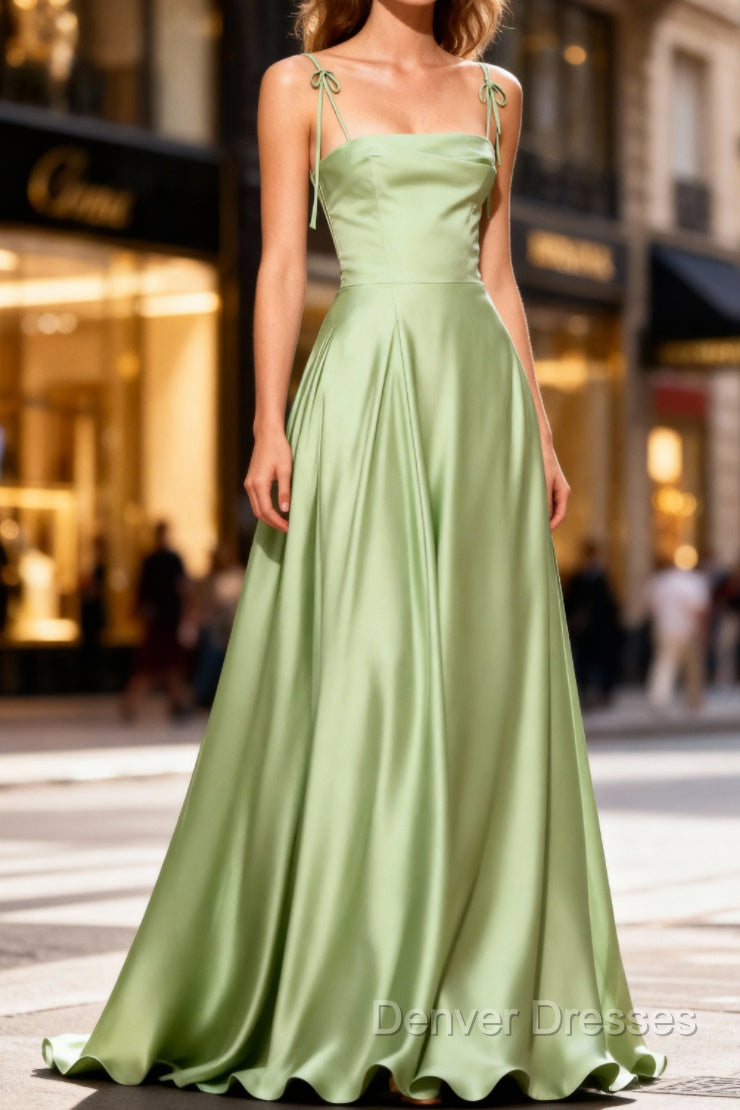 Dusty Sage Cute Satin Long Prom Dress with Pleated Main image
