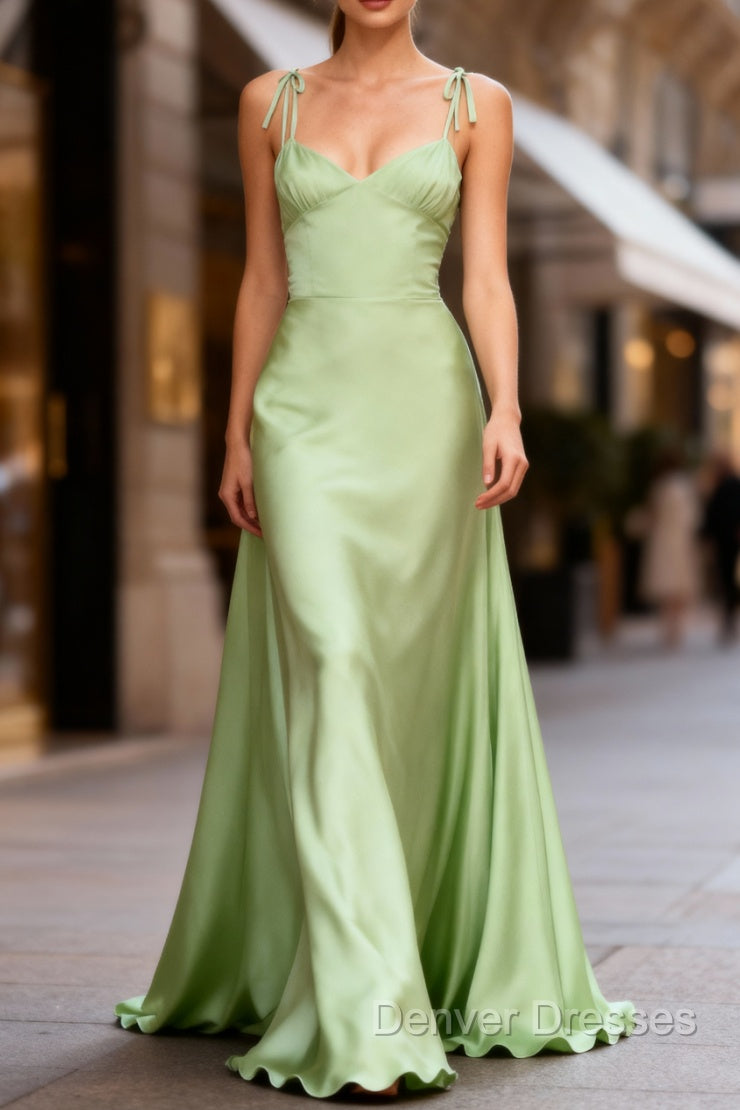 Dusty Sage Cute Satin Long Prom Dress with Pleated Main image