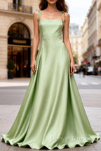 Dusty Sage Elegant Satin Long Prom Dress with Pleated