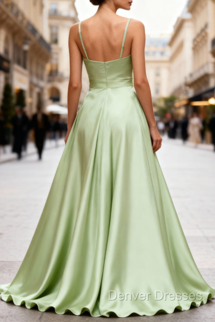 Dusty Sage Elegant Satin Long Prom Dress with Pleated