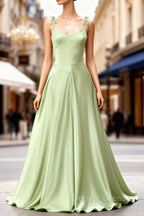 Dusty Sage Elegant Satin Long Prom Dress with Pleated