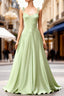 Dusty Sage Elegant Satin Long Prom Dress with Pleated