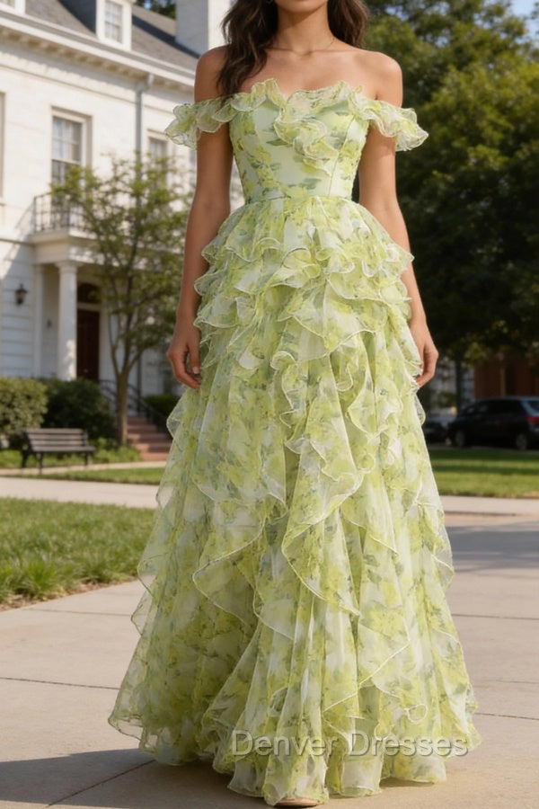 Dusty Sage Floral Ruffled A-Line Square Neck Long Prom Dress