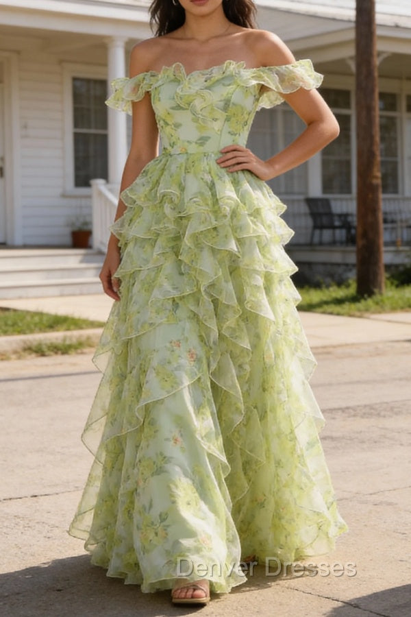Dusty Sage Floral Ruffled A-Line Square Neck Long Prom Dress