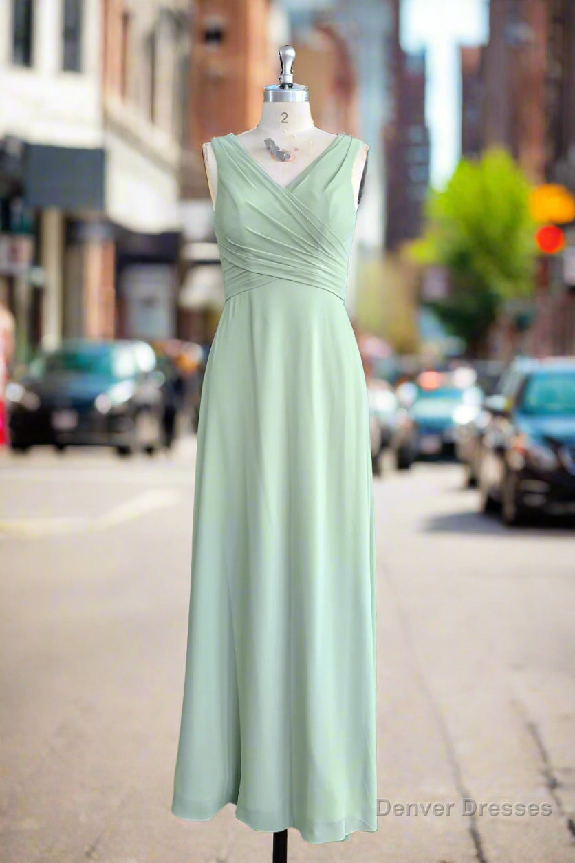 Dusty Sage Green  A-Line Spaghetti Straps Pleated Chiffon Bridesmaid Dress With Bow Main image