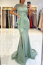 Dusty Sage High Neck Lace Column Long Buttons Split Short Sleeves Evening Dress