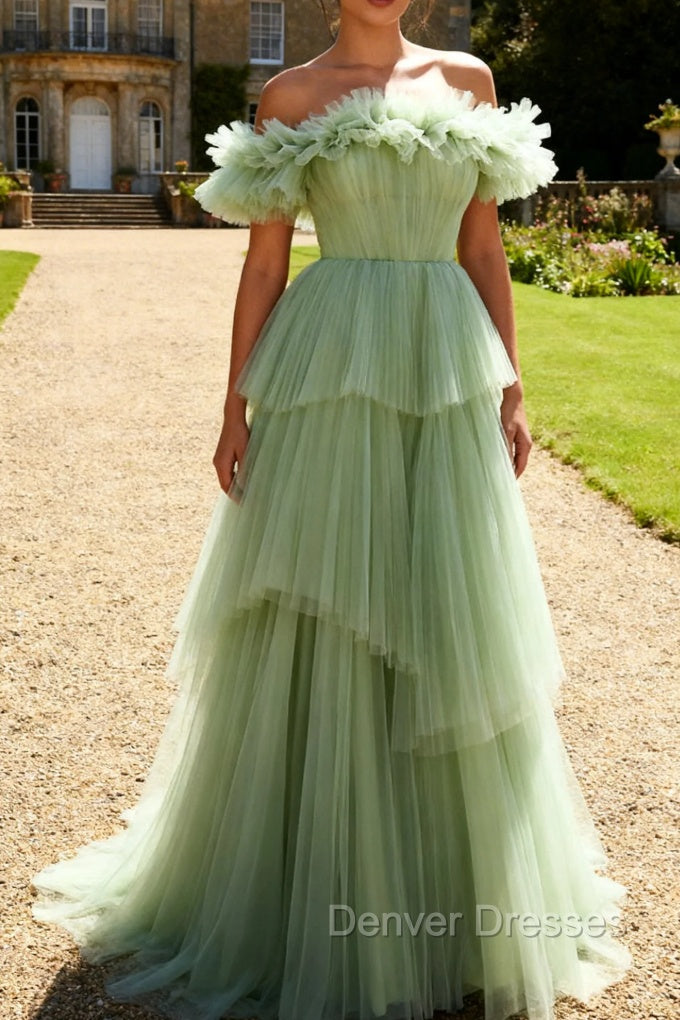 Dusty Sage Off The Shoulder A Line Ruffle Long Prom Dress Main image