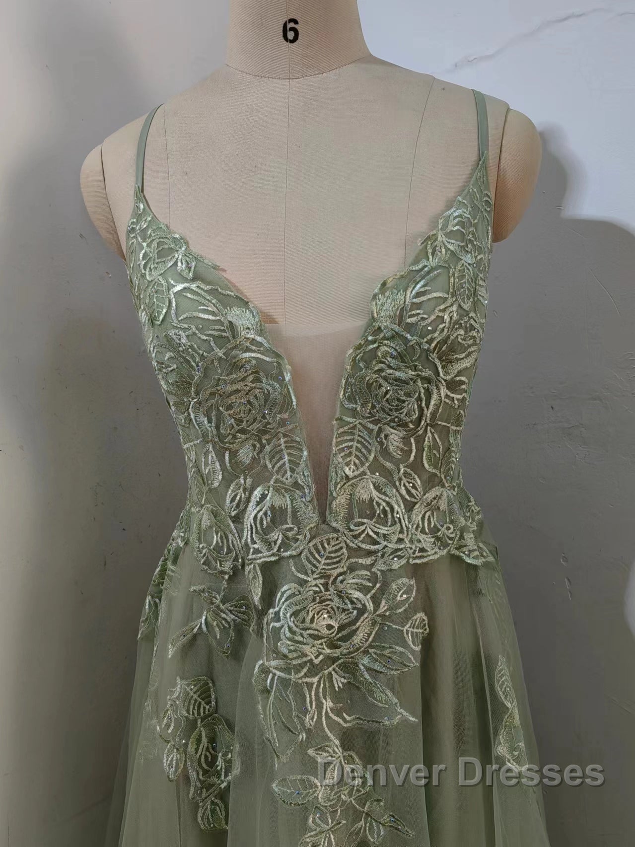 Dusty Sage Prom Dress Plunging V Neck Appliques Lace-Up A-line Long Evening Gown