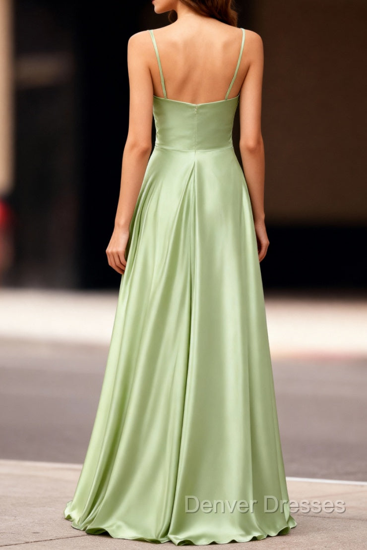 Dusty Sage Satin Long Classy Prom Dress with Pleated Secondary image