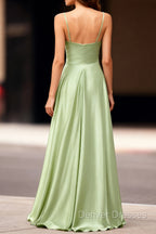 Dusty Sage Satin Long Classy Prom Dress with Pleated
