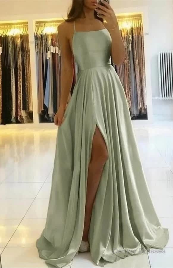 Dusty Sage Spaghetti-Straps Long Prom Dress With Slit Online Main image