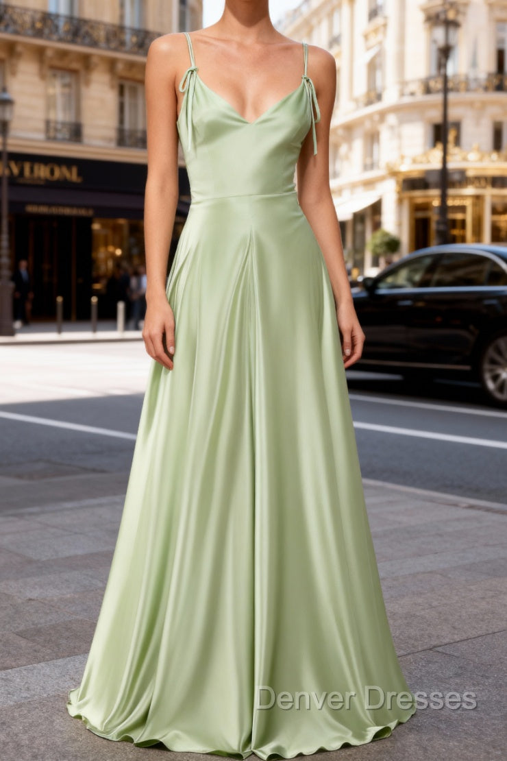 Dusty Sage Unique Satin Long Prom Dress with Pleated Main image
