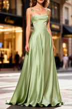 Dusty Sage Unique Satin Long Prom Dress with Pleated