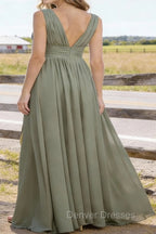 Dusty Sage V Neck Chiffon Floor Length Bridesmaid Dresses Long Bridesmaid Dress With Pleated Split