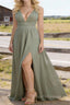 Dusty Sage V Neck Chiffon Floor Length Bridesmaid Dresses Long Bridesmaid Dress With Pleated Split