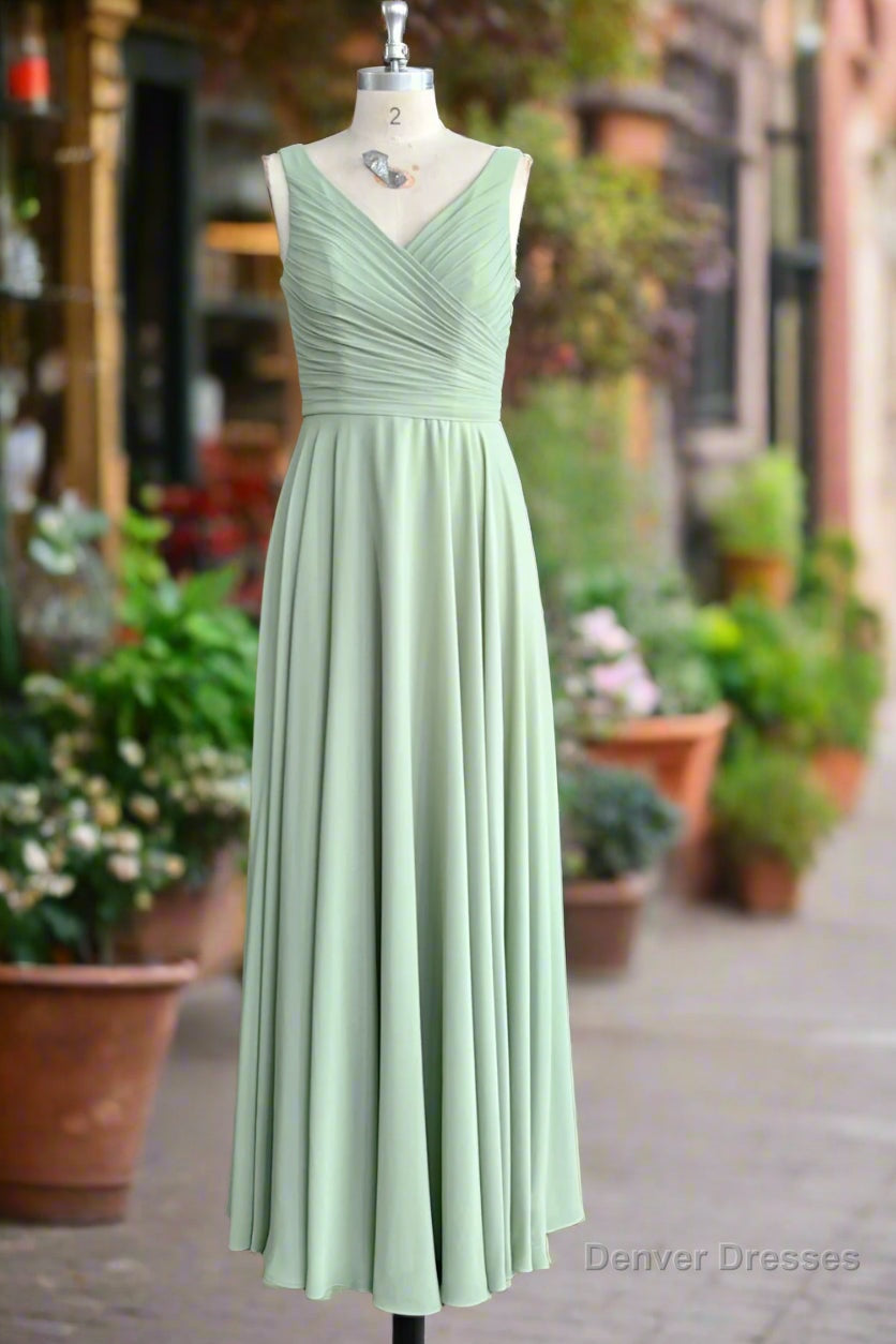 Dusty Sage V Neck Long Chiffon Bridesmaid Dress with Bow Secondary image