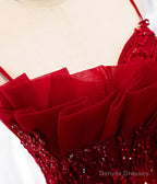 Burgundy Lace Long Prom Dresses, A-Line Spaghetti Strap Evening Dresses
