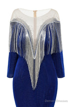 Deep V-neck Shiny Purple Prom Dresses Long sleeves Mermaid Evening Party Dresses