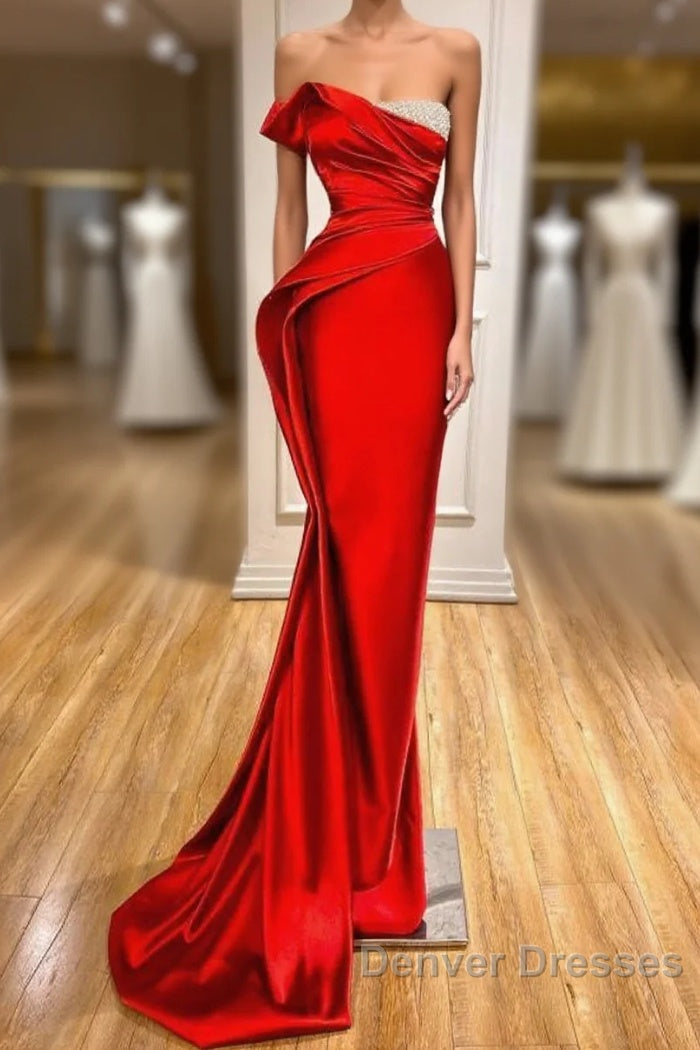 Strapless Red Mermaid Prom Dress With Beads