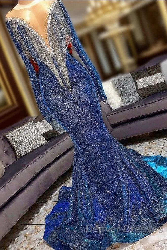 Luxurious long Sequins Mermaid V-neck Prom Dress with Sleeves