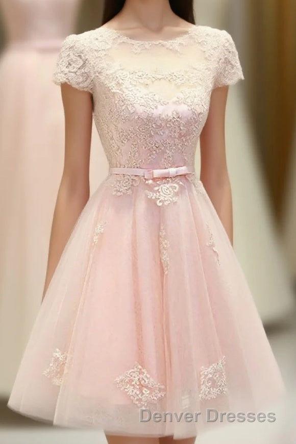 Pink Lace Tulle Short Prom Dress, Pink Evening Dress Main image