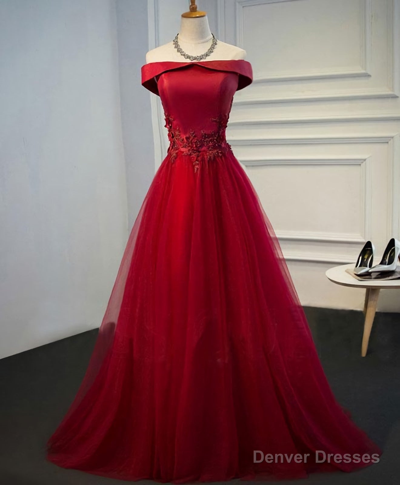 Burgundy Lace Tulle Long Prom Dress, Off Shoulder Evening Dress Main image