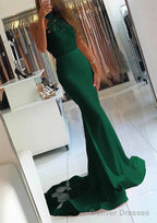 Elastic Satin Court Train Trumpet/Mermaid Sleeveless Halter Covered Button Prom Dresses With Beaded
