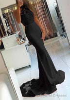 Elastic Satin Court Train Trumpet/Mermaid Sleeveless Halter Covered Button Prom Dresses With Beaded